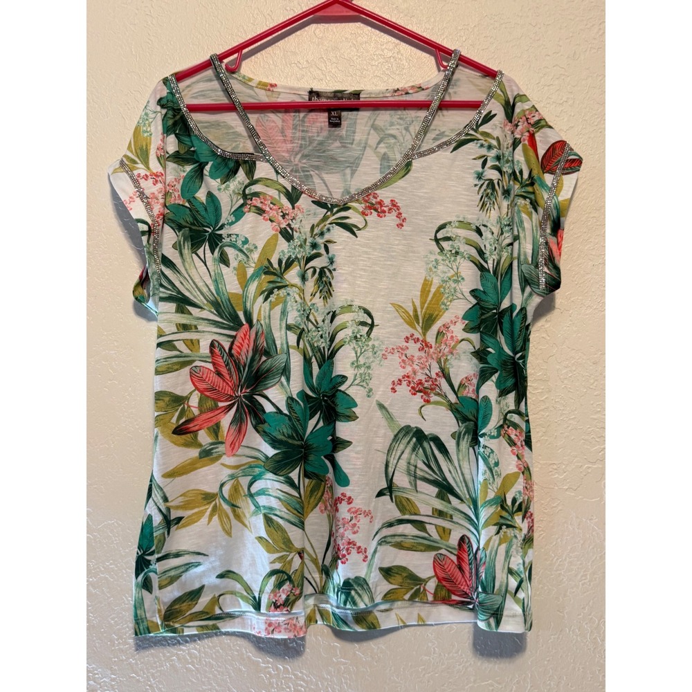 Thomas & Olivia Tropical Floral Cold Shoulder Rhinestone Trim Top XL